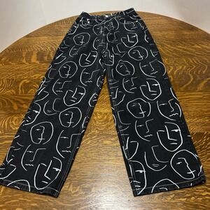 Shekou Jeans Women Small Black White Face Print Straight Leg Denim Pants Artsy